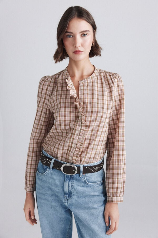 Springfield Plaid mandarin collar ruffle shirt pink