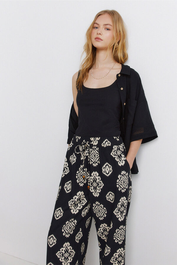 Springfield Printed linen trousers black