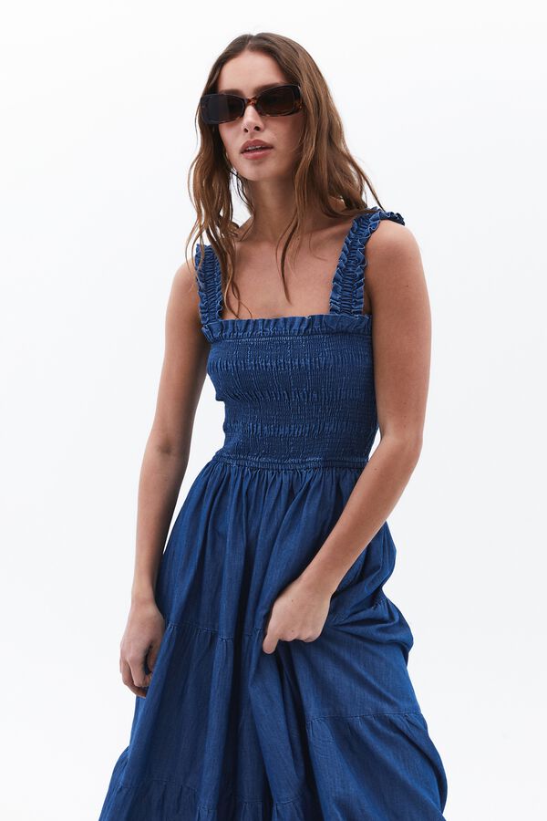 Oxxo Vestido denim con nido de abeja turquesa