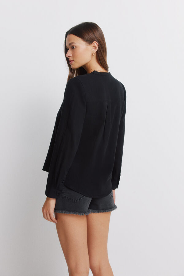 Springfield Linen long sleeve mandarin collar shirt black