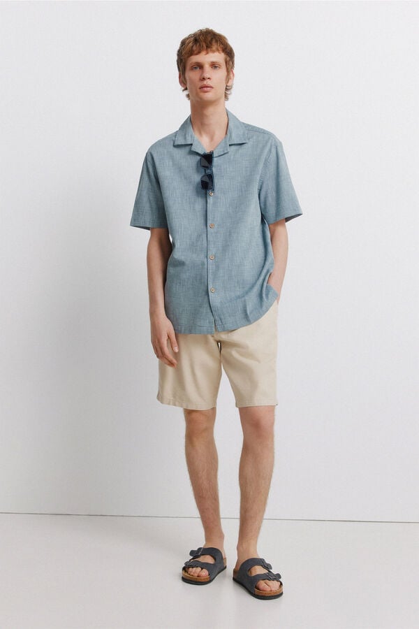 Springfield Linen-look short sleeve bowling shirt blue