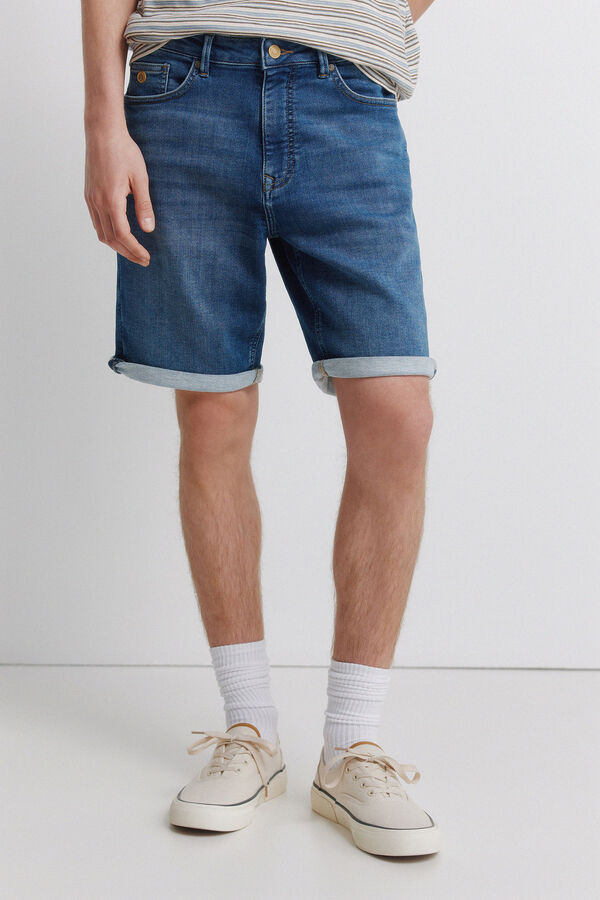 Springfield Mid-wash knit denim Bermuda shorts blue