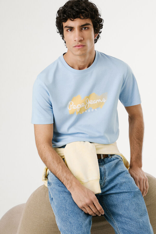 Pepe Jeans short sleeve shirt with logo and front print. blue