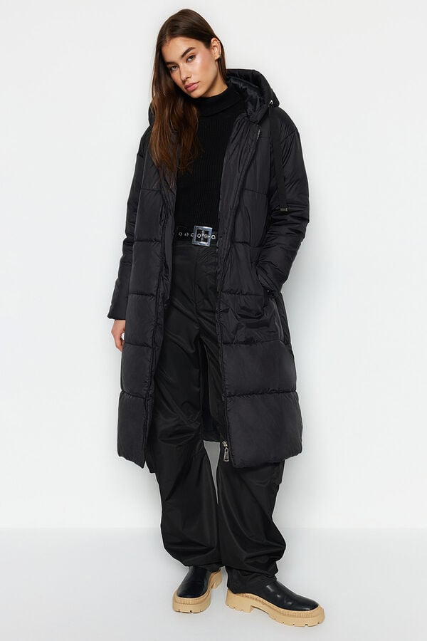 Trendyol Long hooded puffer coat black
