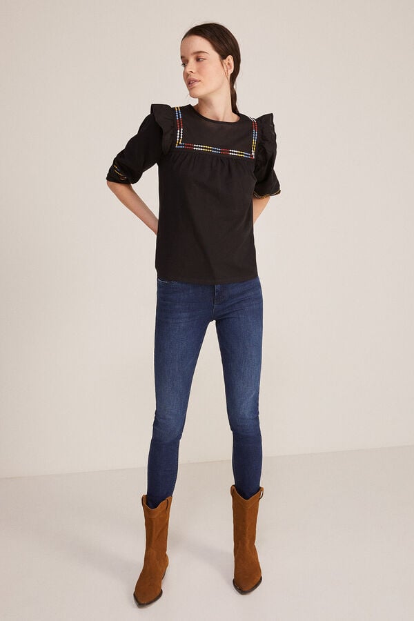 Springfield Two-material ethnic embroidery blouse black