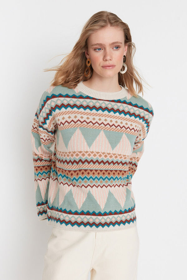 Trendyol Camisola de malha jacquard com gola redonda verde