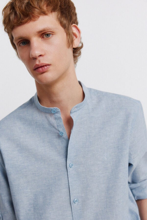 Springfield Linen mandarin collar shirt blue