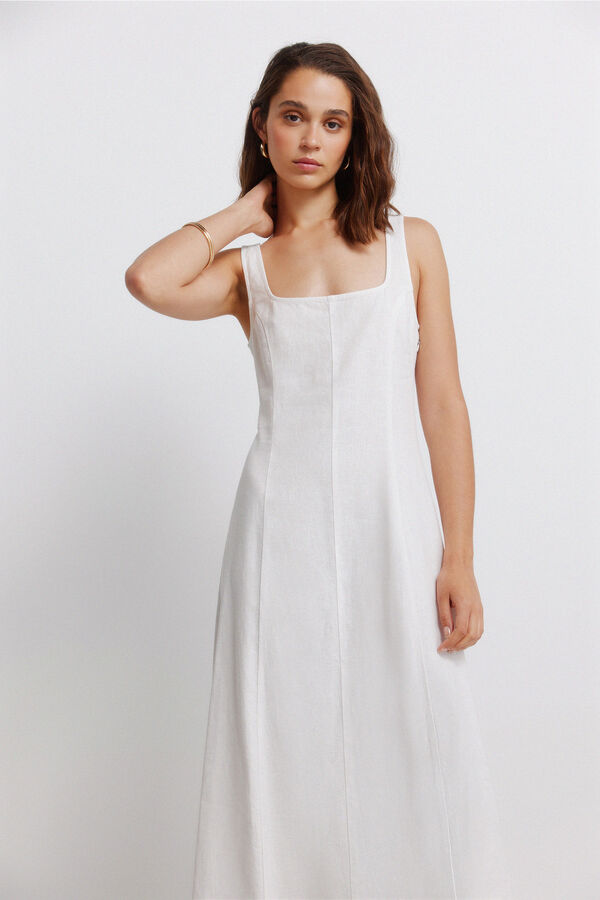 Springfield Vestido em linho com decote quadrado branco