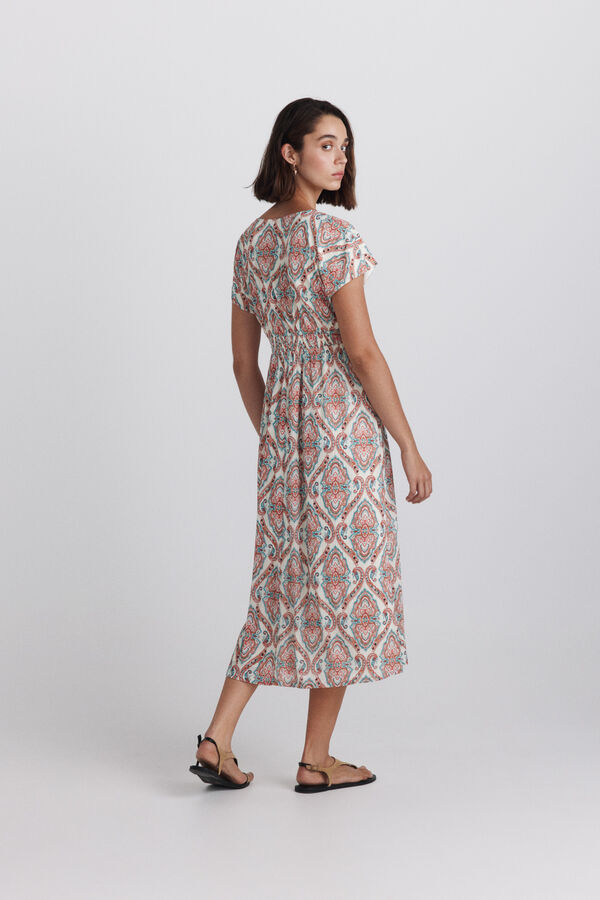 Springfield Border print short sleeve midi dress beige
