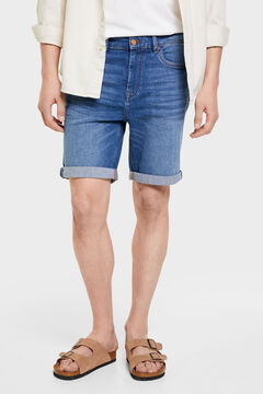 Springfield Slim fit lightweight medium dark wash denim Bermuda shorts bluish