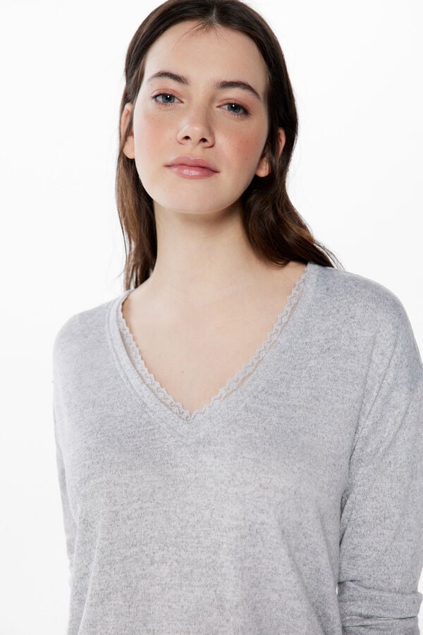 Springfield Cut jersey-knit T-shirt with lace neckline gray