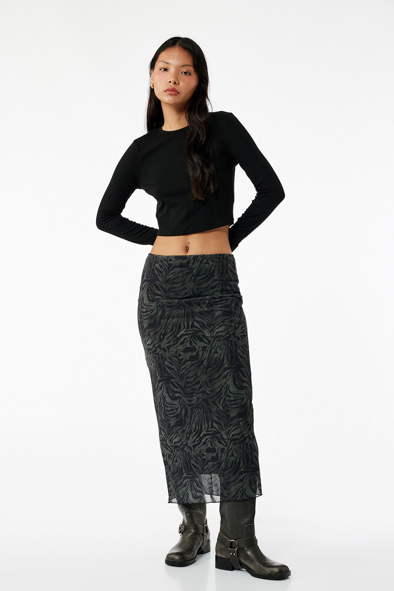 Koton Falda midi de tul con estampado animal y forro, cintura est&aacute;ndar