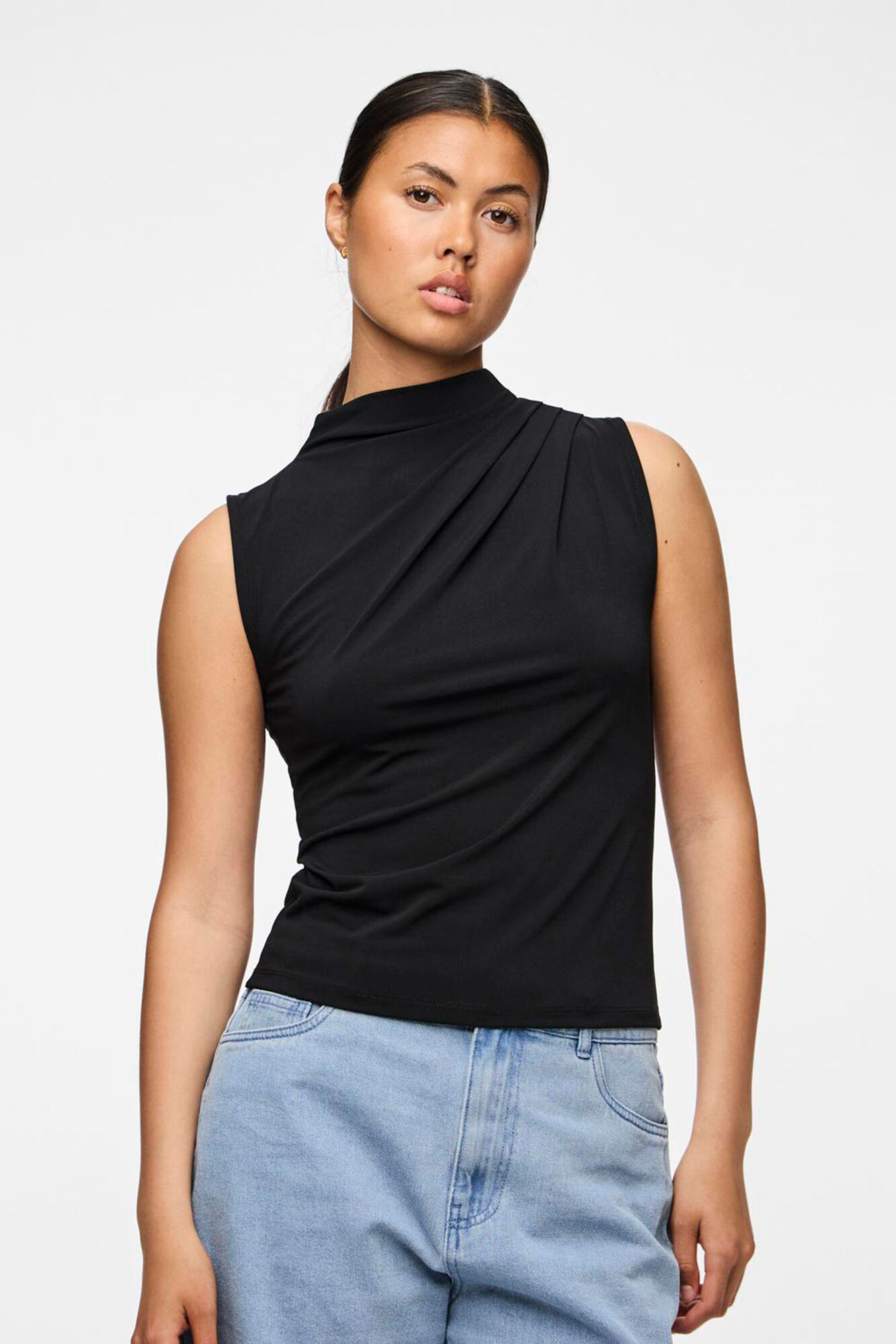 black sleeveless mock turtleneck top