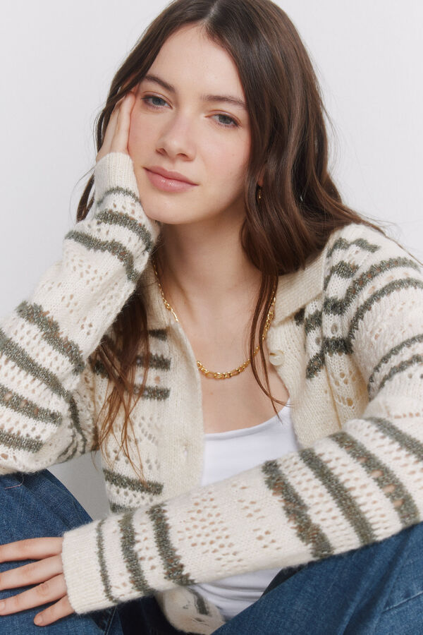 Springfield Cardigan pointelle &agrave; rayures marron