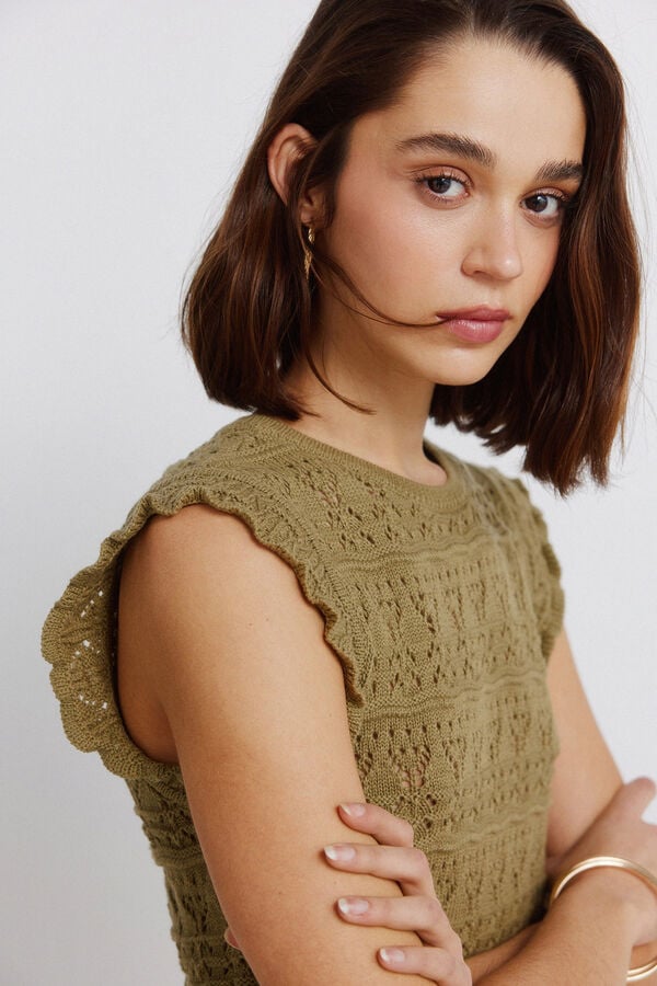 Springfield Pointelle ruffle top beige