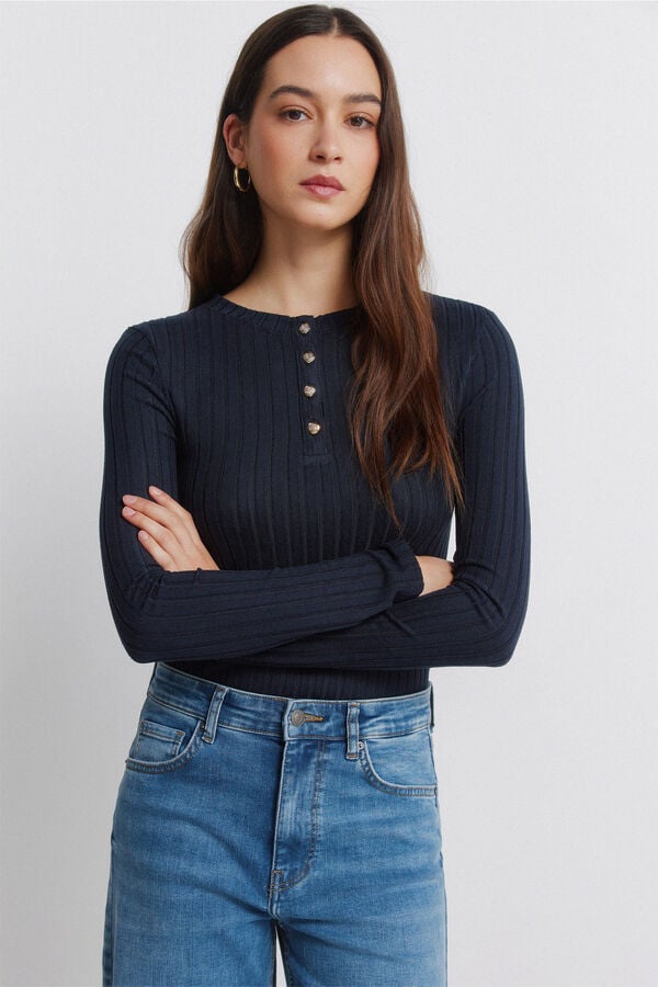 Springfield Ribbed buttons neck T-shirt blue