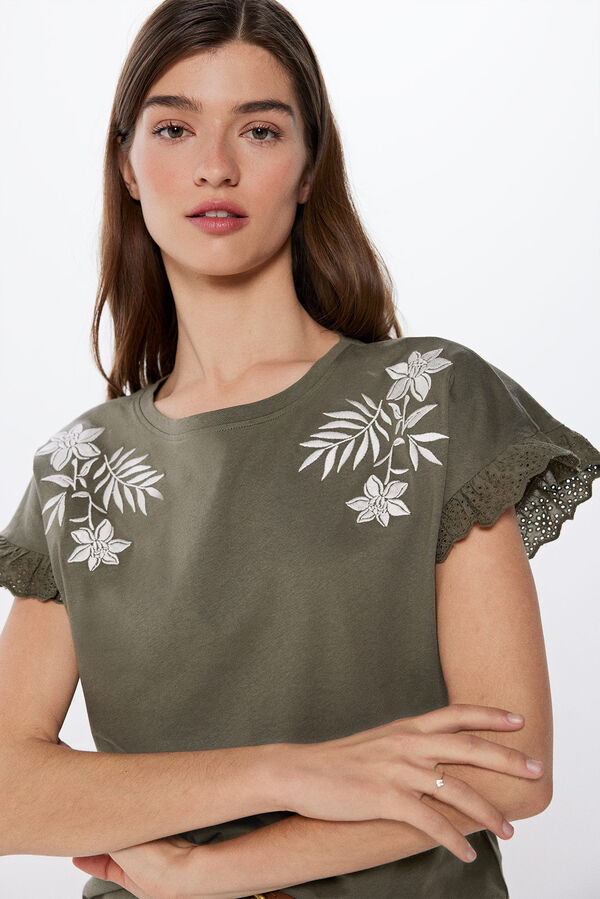 Springfield T-Shirt Stickerei Blume Tropical weiß