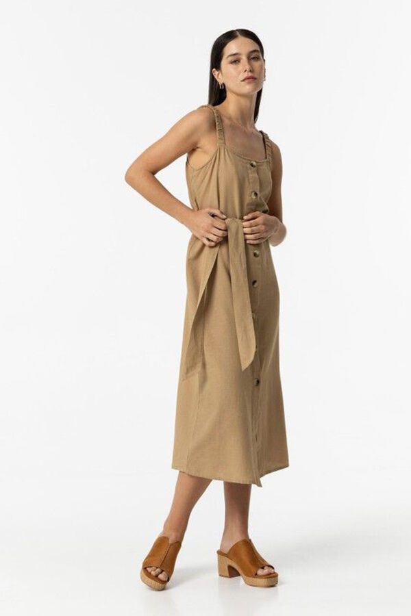 Springfield Linen midi dress with belt camel