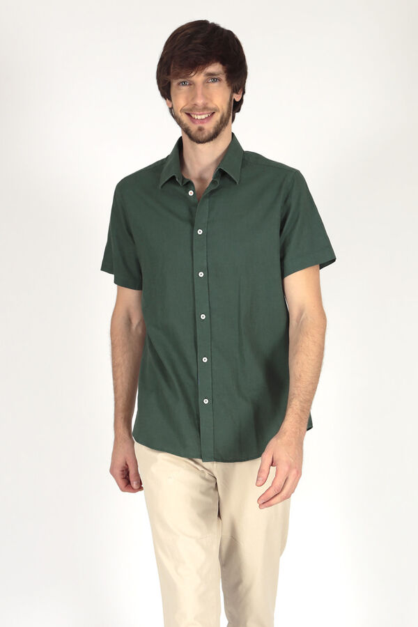 Springfield Camisa de linho de manga curta verde escuro
