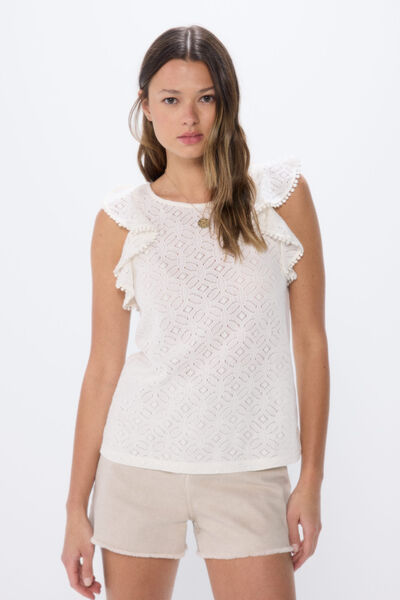 Springfield T-shirt structure crochet volants  blanc