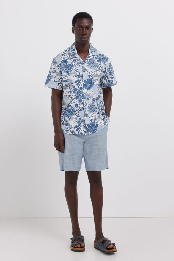 Springfield Printed linen short sleeve shirt blue