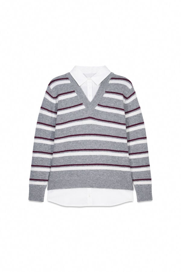 Springfield Striped V-neck mixed fabric jumper grey