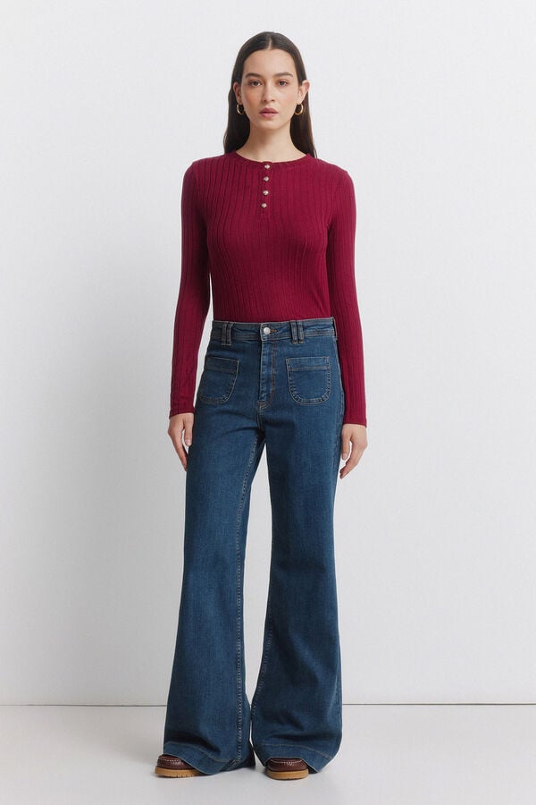 Springfield Camiseta canalé cuello botones marrón