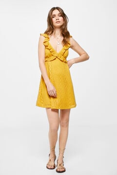 Springfield Crochet ruffle neckline short dress golden