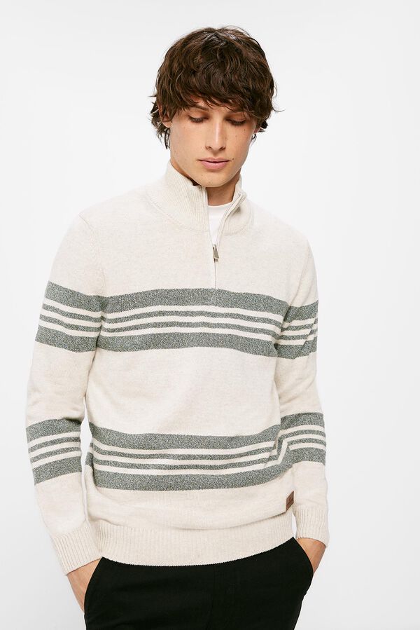 Springfield Striped jumper with zipped high neck grey