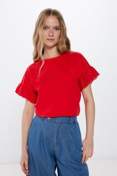 Springfield T-shirt manches volant broderie suisse rouge