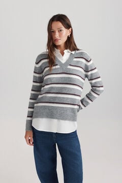 Springfield Striped V-neck mixed fabric jumper grey