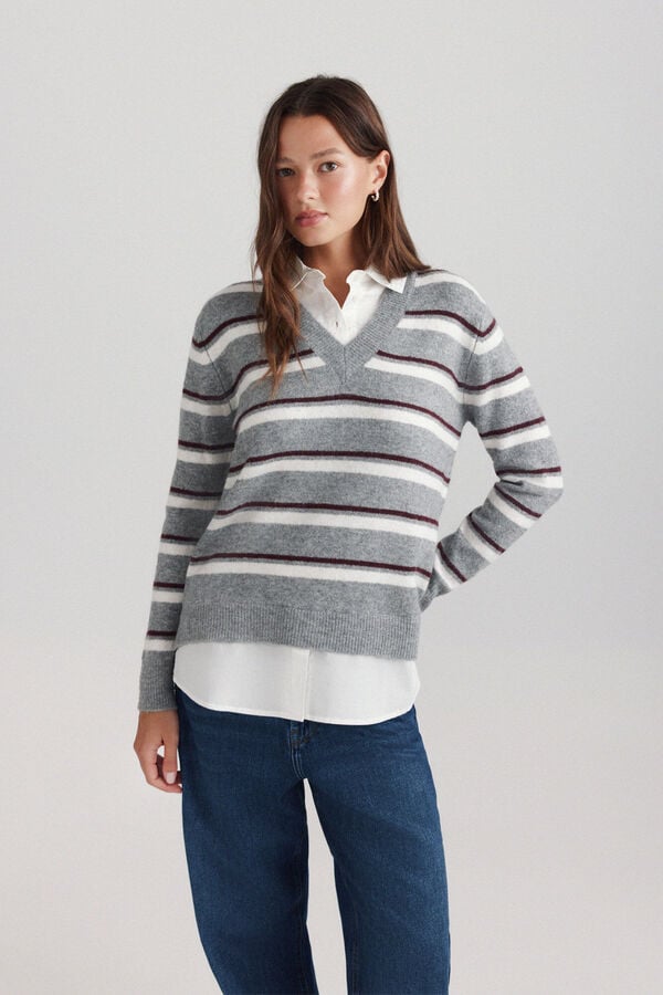 Springfield Striped V-neck mixed fabric jumper grey