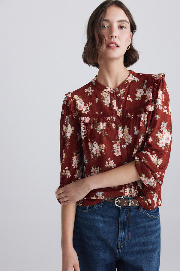 Springfield Printed ruffle lace blouse brown