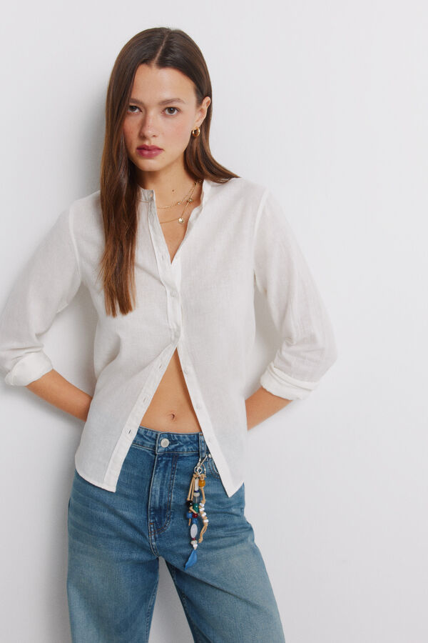 Springfield Linen long sleeve mandarin collar shirt brown