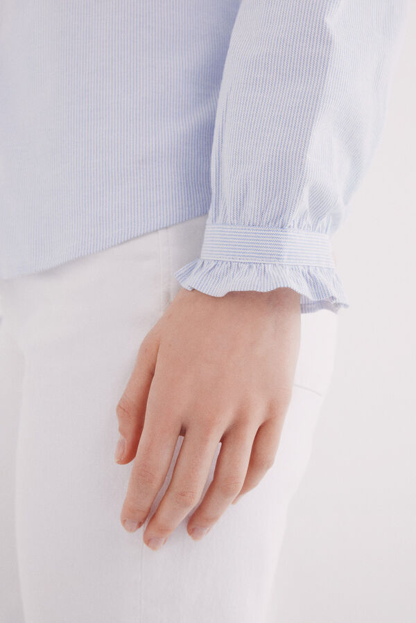 Springfield Oxford blouse with ruffle neck blue