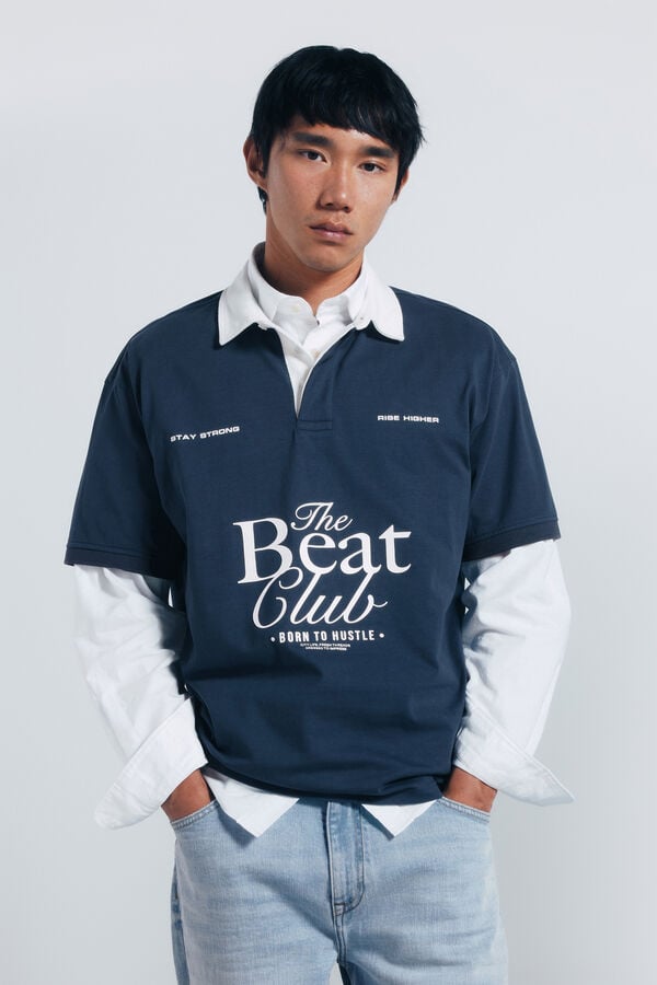 Springfield Rugby polo shirt with boxy fit texts blue