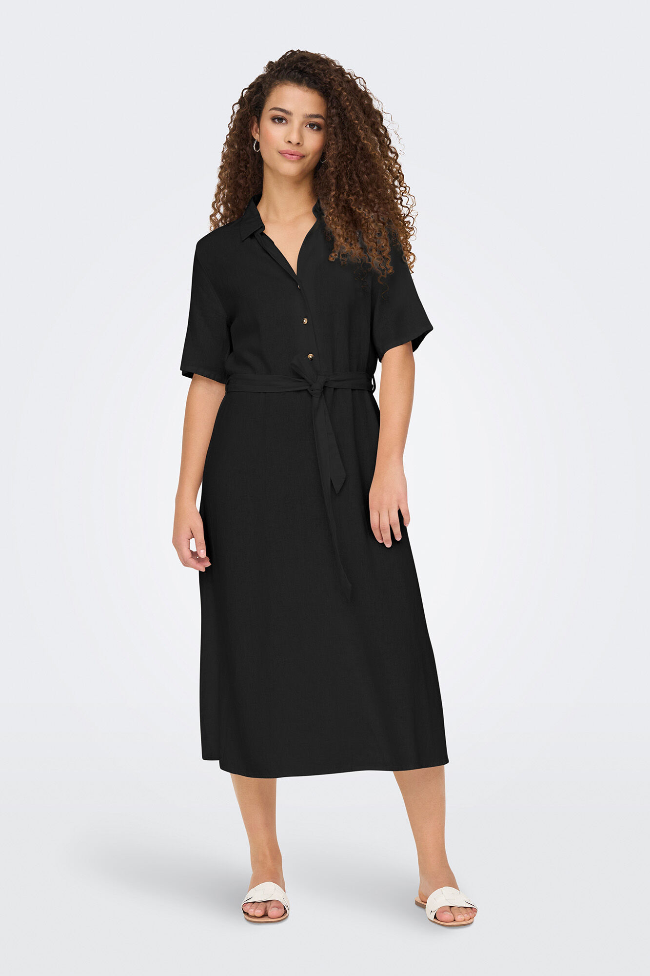 JDY Vestido midi camisero de lino con cintur&oacute;n