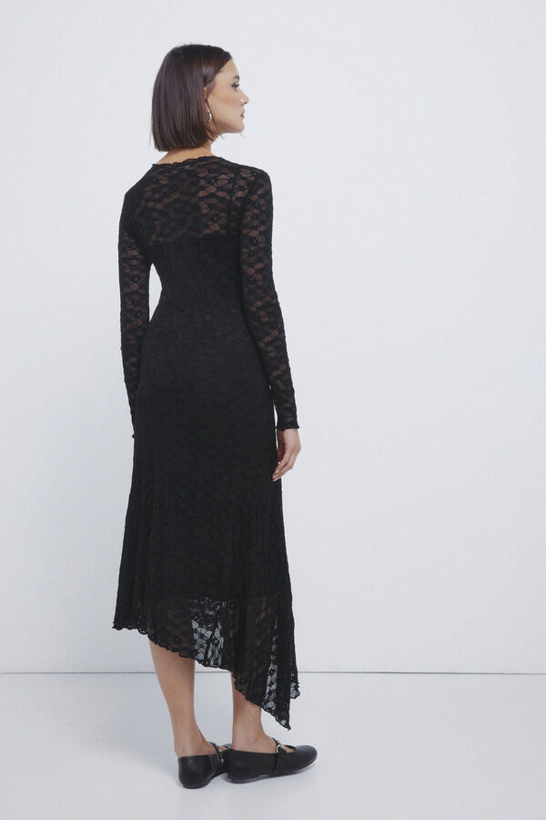 Springfield Asymmetrisches Midi-Kleid aus Spitze Schwarz