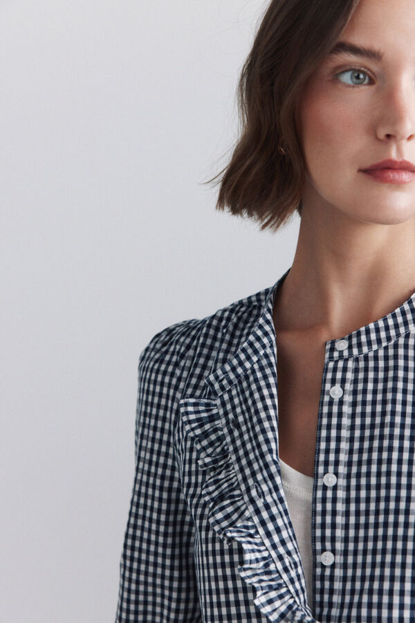 Springfield Plaid mandarin collar ruffle shirt blue