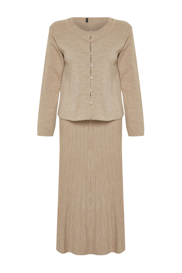 Trendyol Conjunto de casaco de malha, saia e top de malha cru