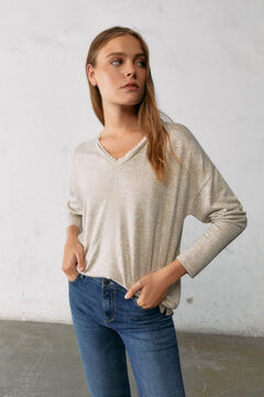 Springfield Cut jersey-knit T-shirt with lace neckline brown