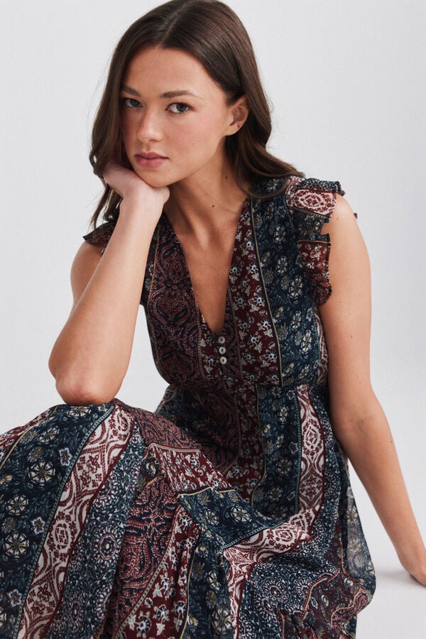 Springfield Border print ruffle dress blue