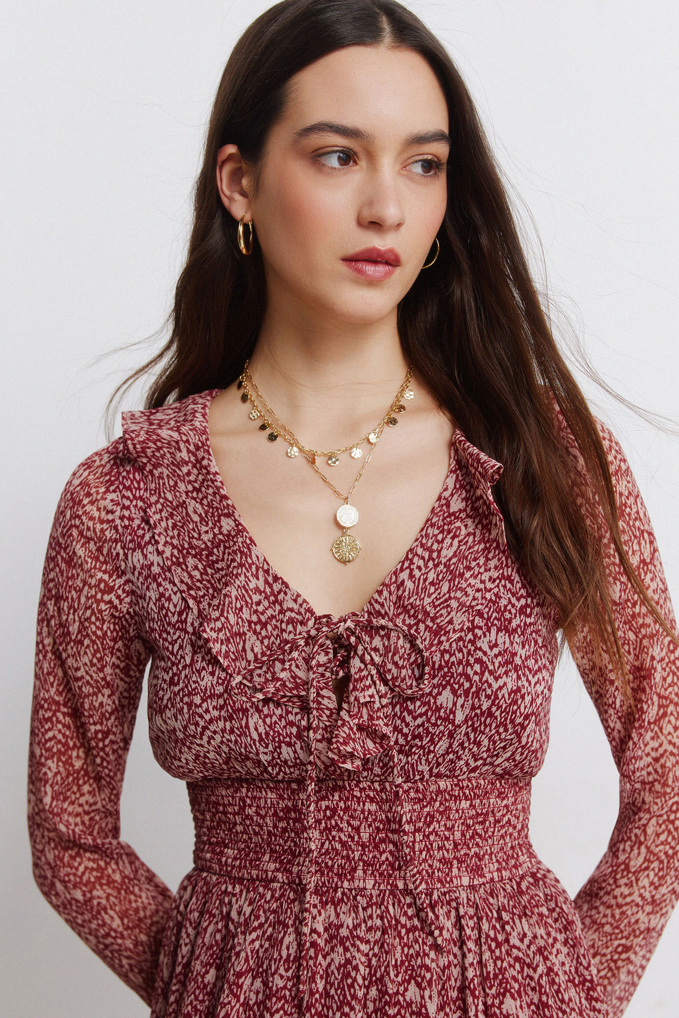 Springfield Print midi dress with ruffle neckline