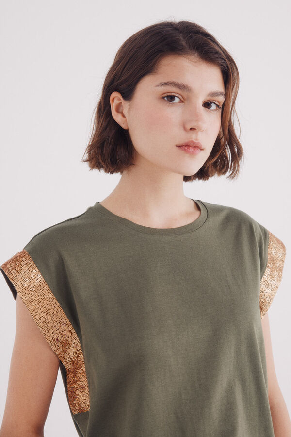 Springfield Sequined drop sleeve sleeve -shirt beige