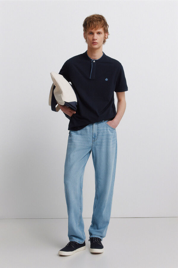 Springfield Piqu&eacute; mandarin collar slim fit polo shirt blue