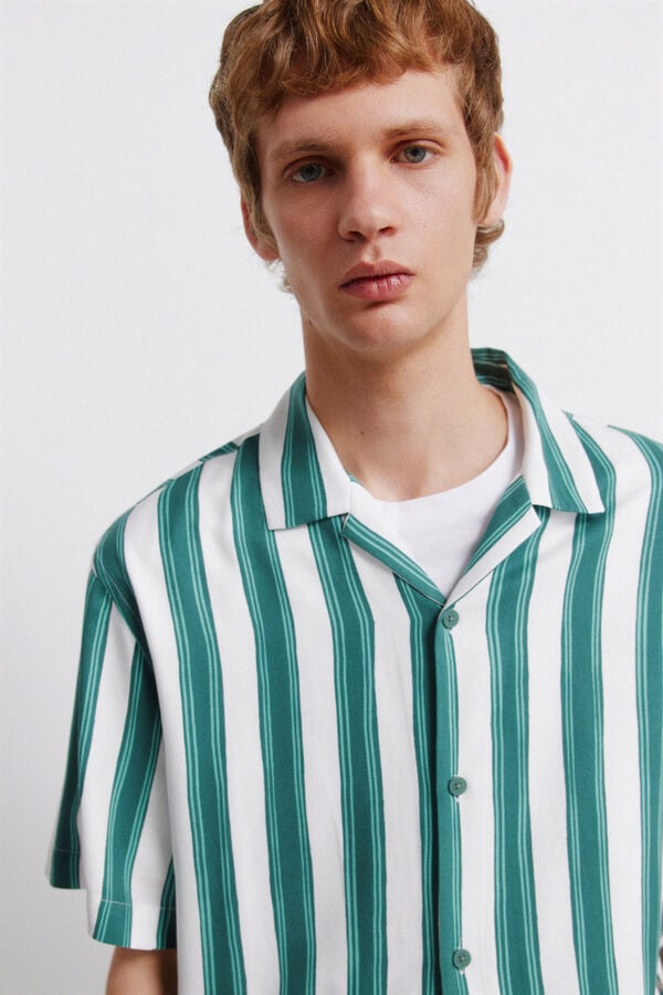 Springfield Striped viscose short sleeve shirt green