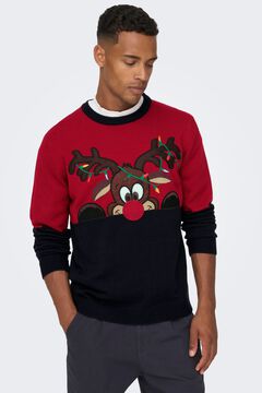 Only & Sons Rundhals-Pullover mit Weihnachtspr&auml;gung Rot