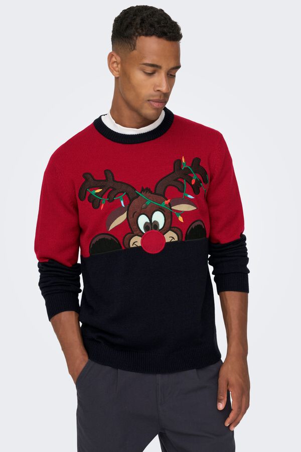 Only & Sons Rundhals-Pullover mit Weihnachtspr&auml;gung Rot
