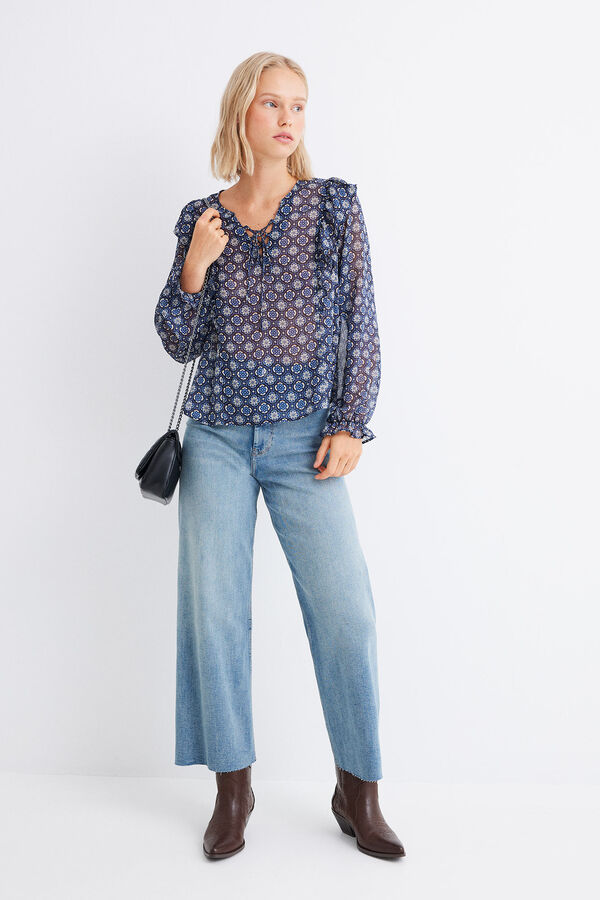 Springfield Printed ruffled chiffon blouse petrol