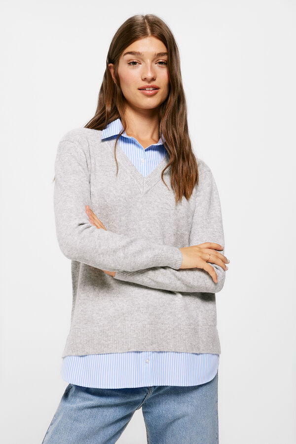 Springfield Two-material V-neck jumper grey mix
